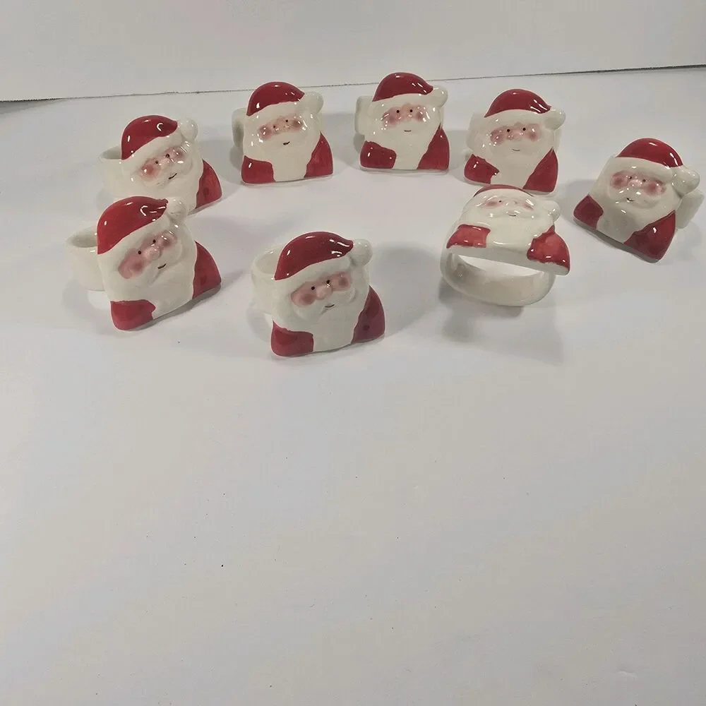 8 Vintage Santa Claus Ceramic 80's Christmas Table Napkin Rings/Holders